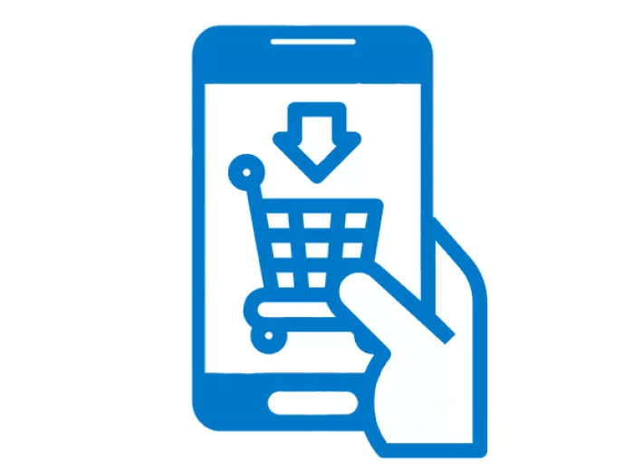 Icon of a hand holding a cell phone with a shopping cart on the screen