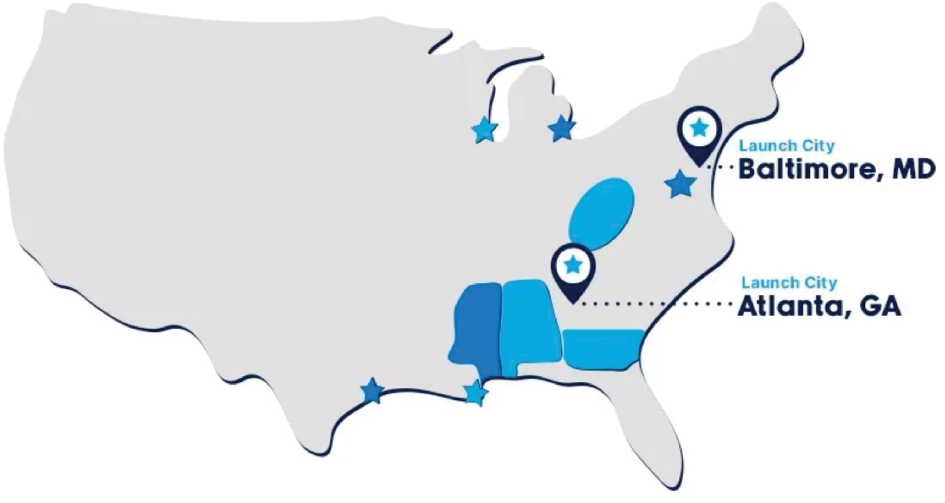 Map showing phases and launch cities