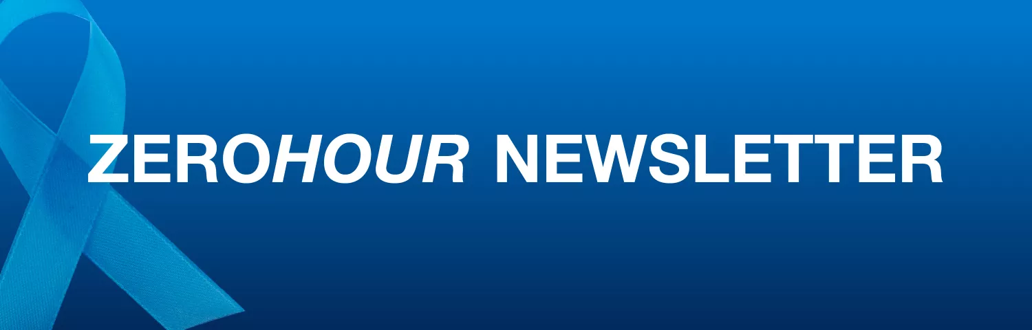 Banner with blue ribbon on left with text that says ZEROHour Newsletter
