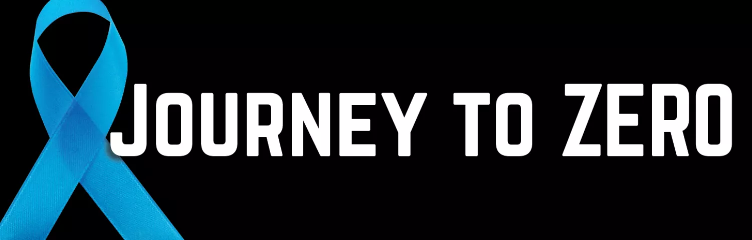 A banner with a black background, a blue cancer ribbon to the left, and text that says "Journey to ZERO"
