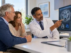 Doctor showing a patient and their spouse images on a screen