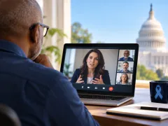 man sitting at a computer attending a webinar with capital building in the background