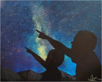 Learning with dad by studying the nigh sky pointing at the stars