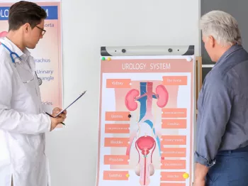 A man standing with his doctor looking at a urologic diagram