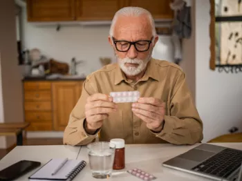 A man sitting at a kitchen table looking at pills