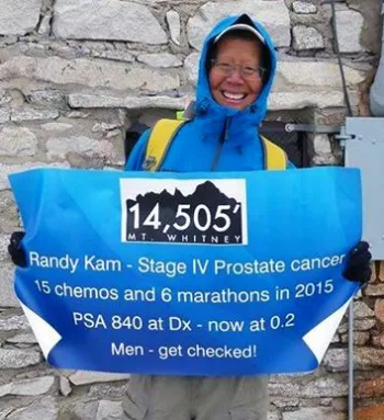 Randy summited Mount Whitney (14,505 feet), carrying a Stage IV Prostate Cancer awareness banner