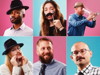 6 people of both genders with facial hair in silly poses