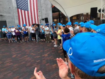Jimmy Charles singing ZEROs themesong “Superman” to ZERO HEROs and Caregivers at Lehigh Valley RunWalk