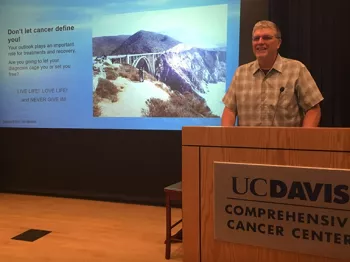 Jon Albrecht speaking at UC Davis about his cancer diagnosis