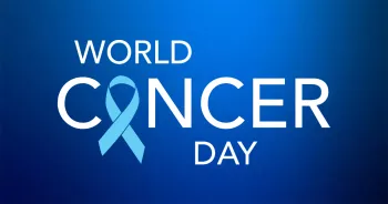 Blue background with the words "World Cancer Day", with a blue prostate cancer ribbon replacing the "a" in the word "cancer"