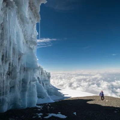 Icy mountain side with hiker