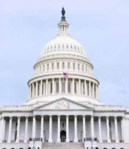Frontal picture of US Capitol with the American flag waving