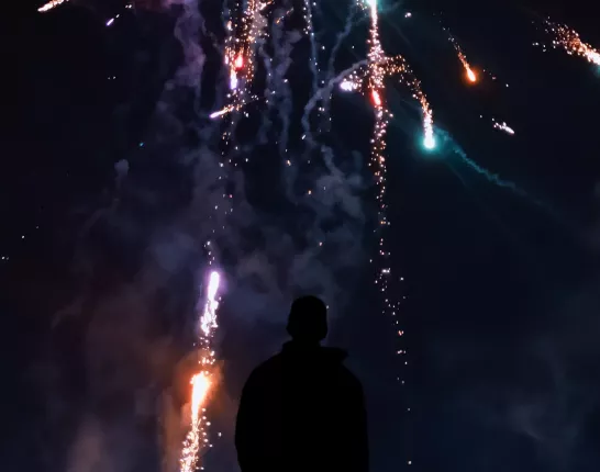 Silhouette of Person in Front of Fireworks