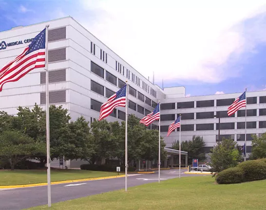 a Veterans Administration Medical Center with American flags 