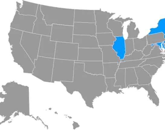 Map with New York, Maryland, Rhode Island, New Jersey, and Illinois hi lighted in blue