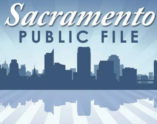 Sacramento Public File Blue logo with skyline of skyscrapers graphic