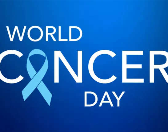 Blue background with the words "World Cancer Day", with a blue prostate cancer ribbon replacing the "a" in the word "cancer"