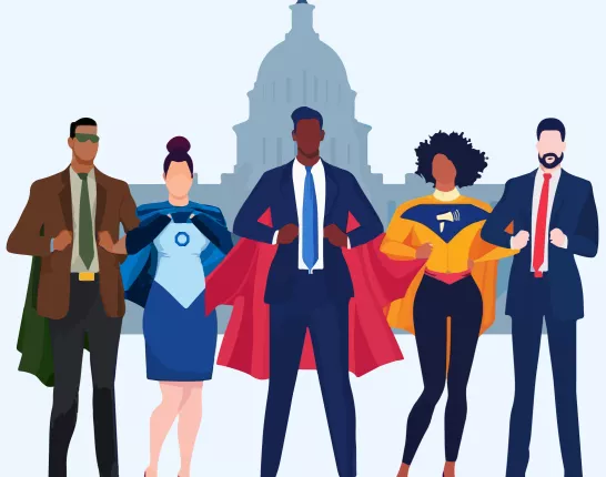 Illustration of superheroes in front of the US Capitol building