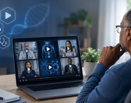 Person watching an educational webinar on advanced prostate cancer, representing trusted online videos and resources for patients and caregivers.