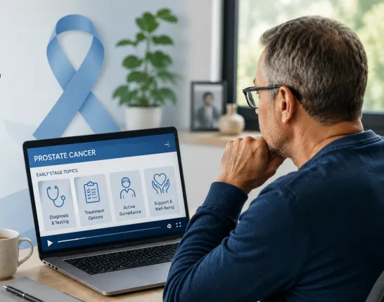 Person watching educational prostate cancer videos on a laptop, representing online resources for people with early-stage prostate cancer.