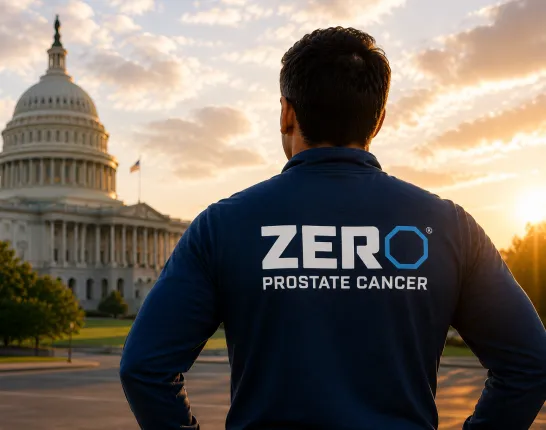 A man wearing a ZERO Prostate Cancer shirt looks toward the U.S. Capitol at sunrise, symbolizing advocacy for the State of Men's Health Act and improved men's health.