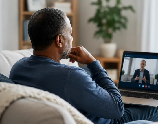 Man watching an educational prostate cancer webinar on a laptop, representing support and learning for people newly diagnosed with prostate cancer.