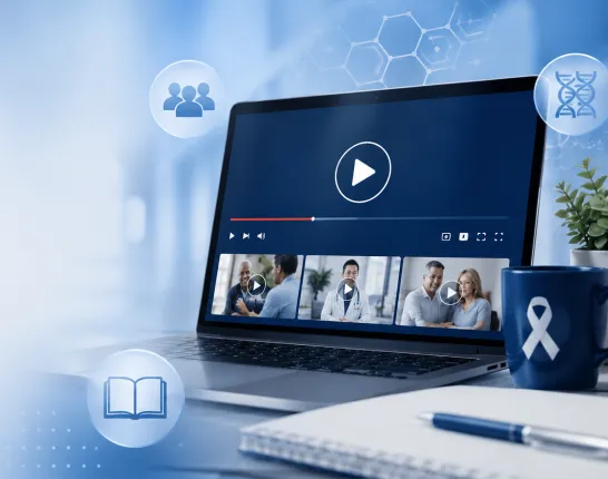 Illustration of a laptop displaying educational prostate cancer videos with healthcare and learning icons.