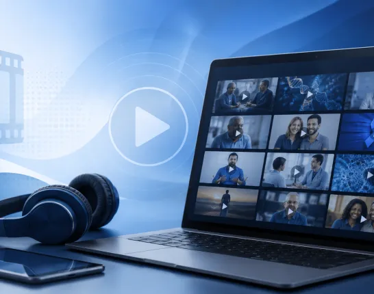 Illustration of a digital video library featuring educational prostate cancer videos, webinars, and health resources displayed on a laptop.
