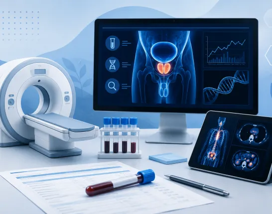 Illustration representing prostate cancer diagnostic testing and imaging, featuring advanced medical imaging, laboratory testing, genetic analysis, and diagnostic tools used to detect and monitor prostate cancer.