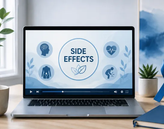 Laptop displaying a webinar about prostate cancer side effects, representing educational videos and resources on managing treatment side effects and quality of life.