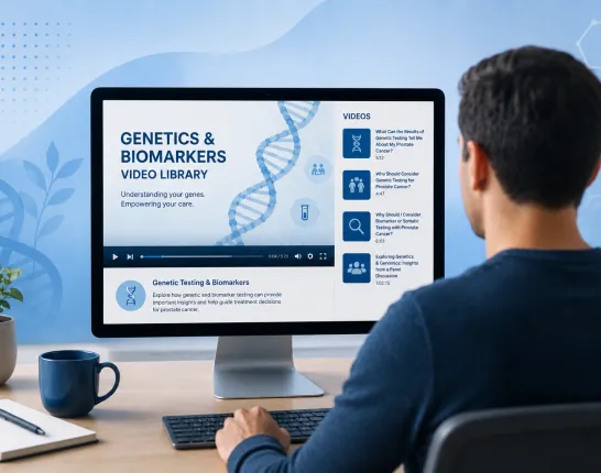 Person viewing a genetics and biomarkers educational video library on a computer, representing expert-led videos and webinars about genetic testing, biomarker testing, and personalized prostate cancer care.