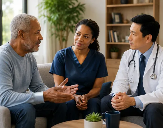 A patient, a nurse and a doctor sitting for a discussion