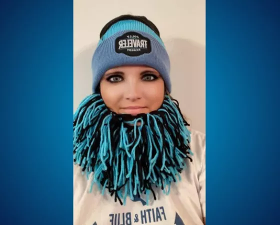 Cathy Plevy in Blue and Black Beard and hat 