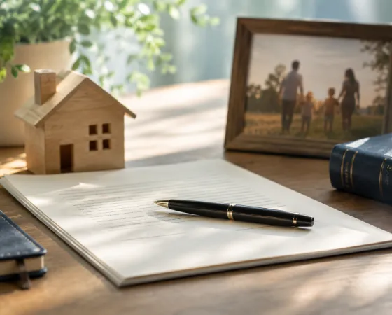 A notepad and pen sitting on a desk surrounded by home decor and a family photo