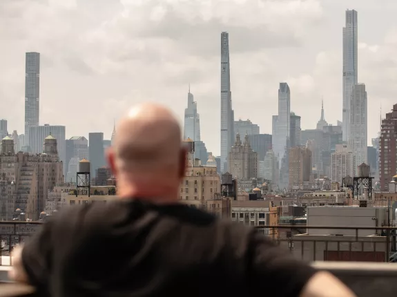 Jay Jay French looking at the NYC skyline