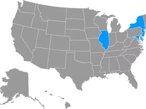 Map with New York, Maryland, Rhode Island, New Jersey, and Illinois hi lighted in blue