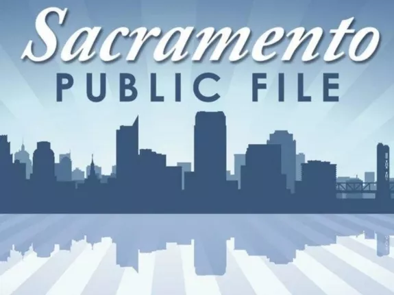 Sacramento Public File Blue logo with skyline of skyscrapers graphic