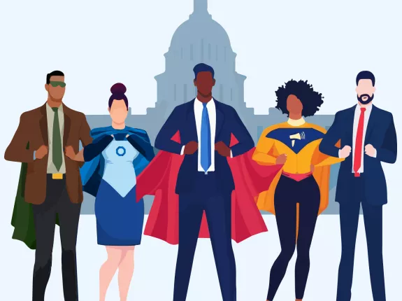 Illustration of superheroes in front of the US Capitol building