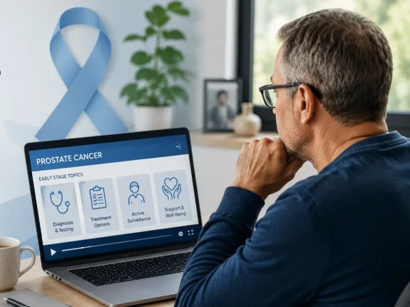 Person watching educational prostate cancer videos on a laptop, representing online resources for people with early-stage prostate cancer.