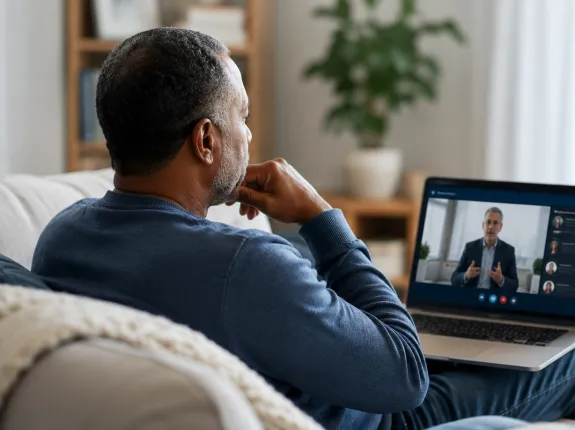 Man watching an educational prostate cancer webinar on a laptop, representing support and learning for people newly diagnosed with prostate cancer.