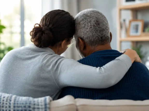 Illustration representing a caregiver providing comfort and emotional support to a loved one affected by prostate cancer.
