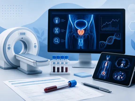 Illustration representing prostate cancer diagnostic testing and imaging, featuring advanced medical imaging, laboratory testing, genetic analysis, and diagnostic tools used to detect and monitor prostate cancer.