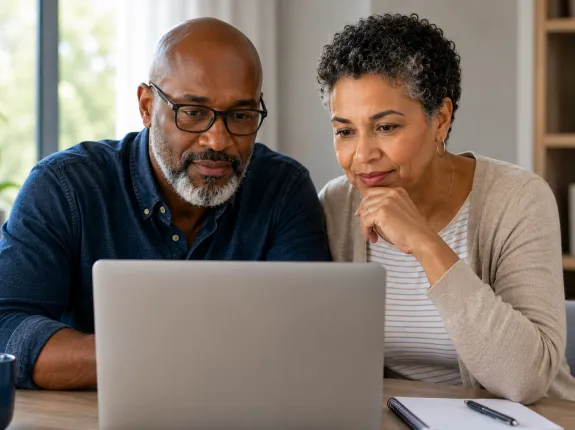 Illustration of diverse adults collaborating while viewing prostate cancer educational resources on a laptop.