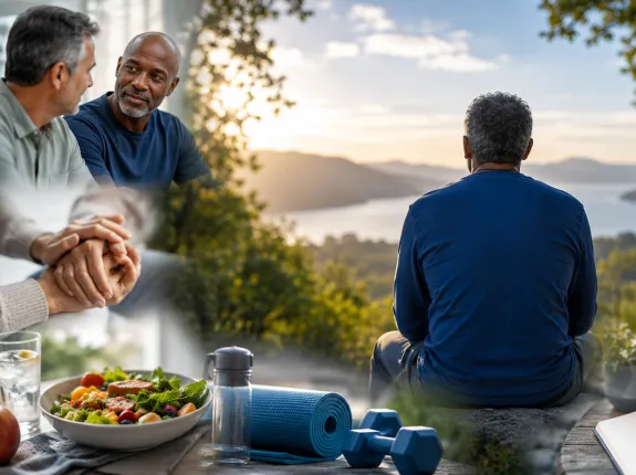 Illustration representing mental health and well-being during the prostate cancer journey, featuring moments of reflection, support, healthy living, relationships, and self-care.