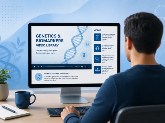 Person viewing a genetics and biomarkers educational video library on a computer, representing expert-led videos and webinars about genetic testing, biomarker testing, and personalized prostate cancer care.