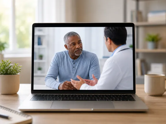 Man watching a video discussion with a healthcare provider about prostate cancer clinical trials.