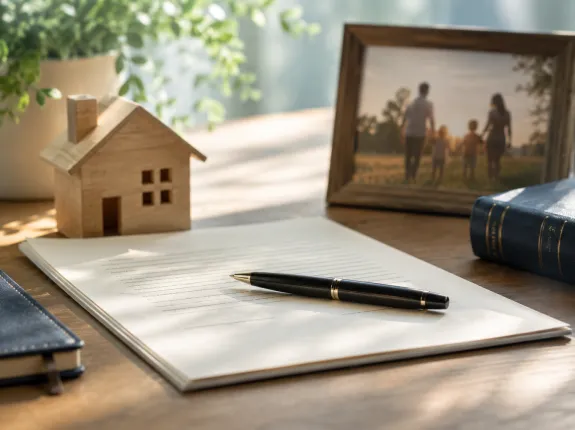 A notepad and pen sitting on a desk surrounded by home decor and a family photo