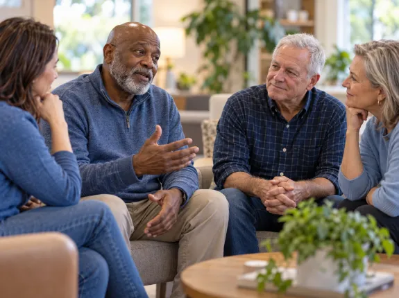 A group of people sitting on a couch discussing