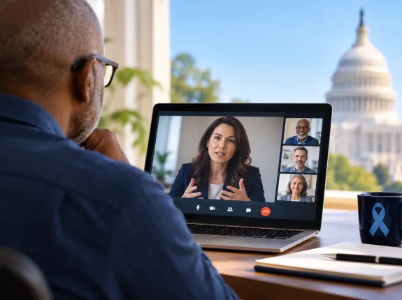 man sitting at a computer attending a webinar with capital building in the background