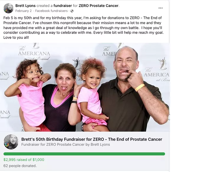Screenshot of Brett Lyons' birthday fundraiser on Facebook